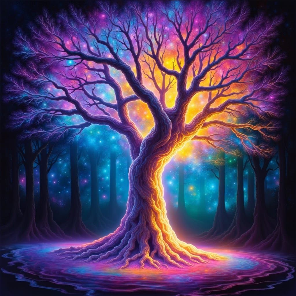 <lora:Holo Flux:0.7> cosmic woodland tree in vibrant, swirling brushtrokes, glowing dreamscape, fusion of artistic visions with oniric synes...