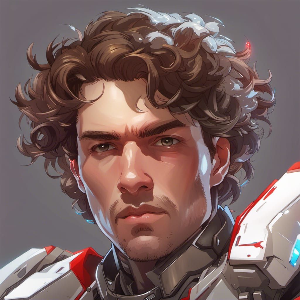 Mecha Men Curly short brown hair and white skin, and in his mecha armor ...