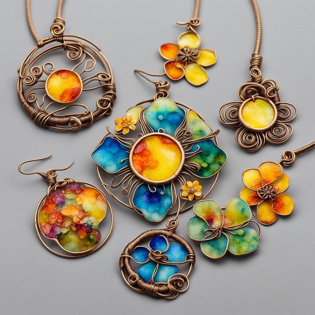 Exquisite Enamel Sun Jewelry with Alcohol Ink Flowers