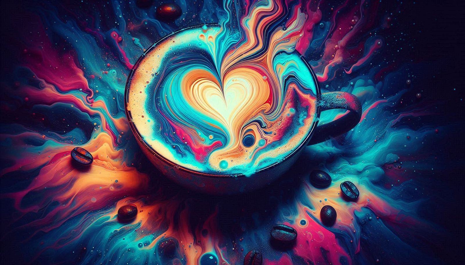 Vibrant abstract art. Close-up. Colorful coffee cup with foa...