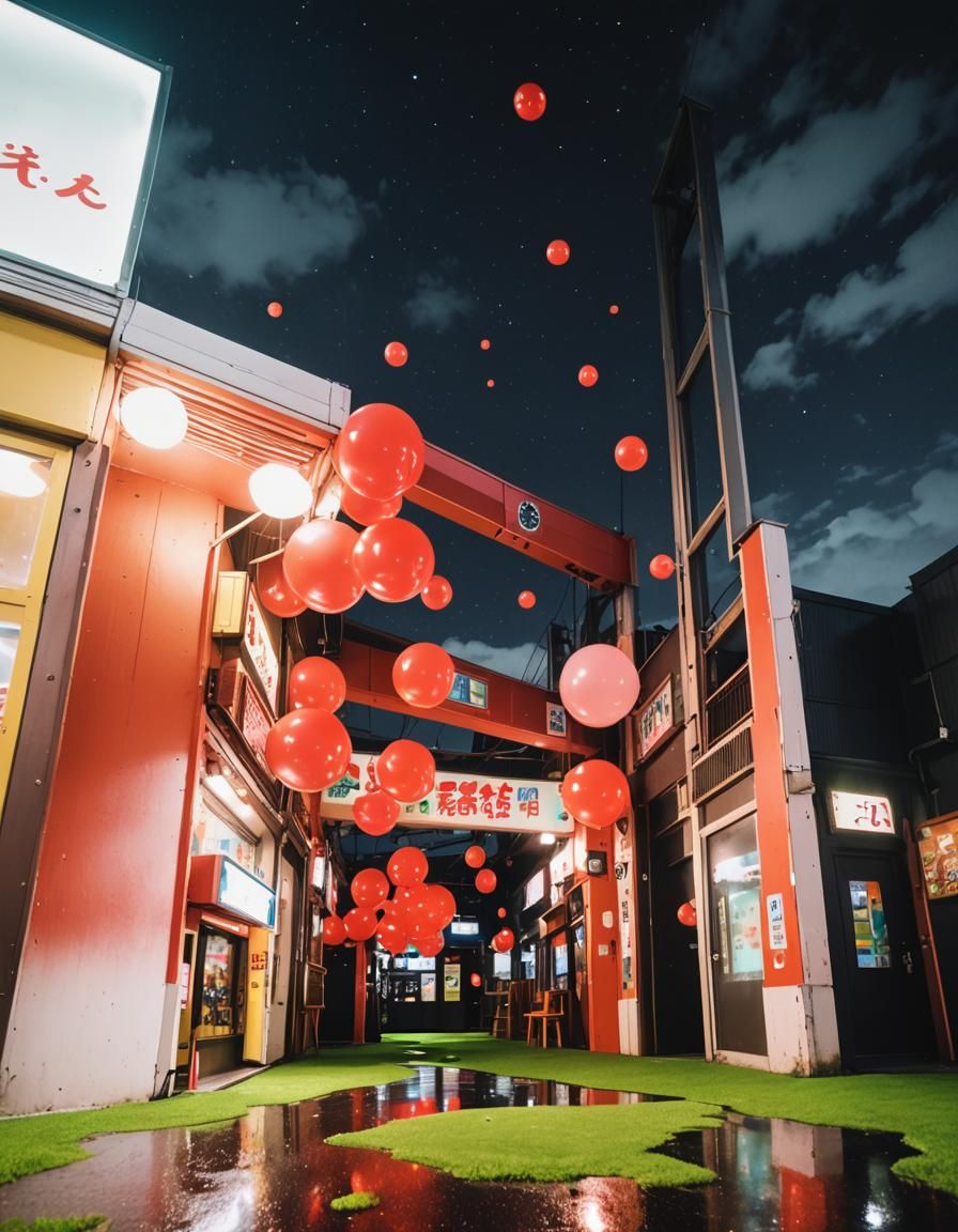 Japanese arcade buildings at night, fake grass, red and rise...
