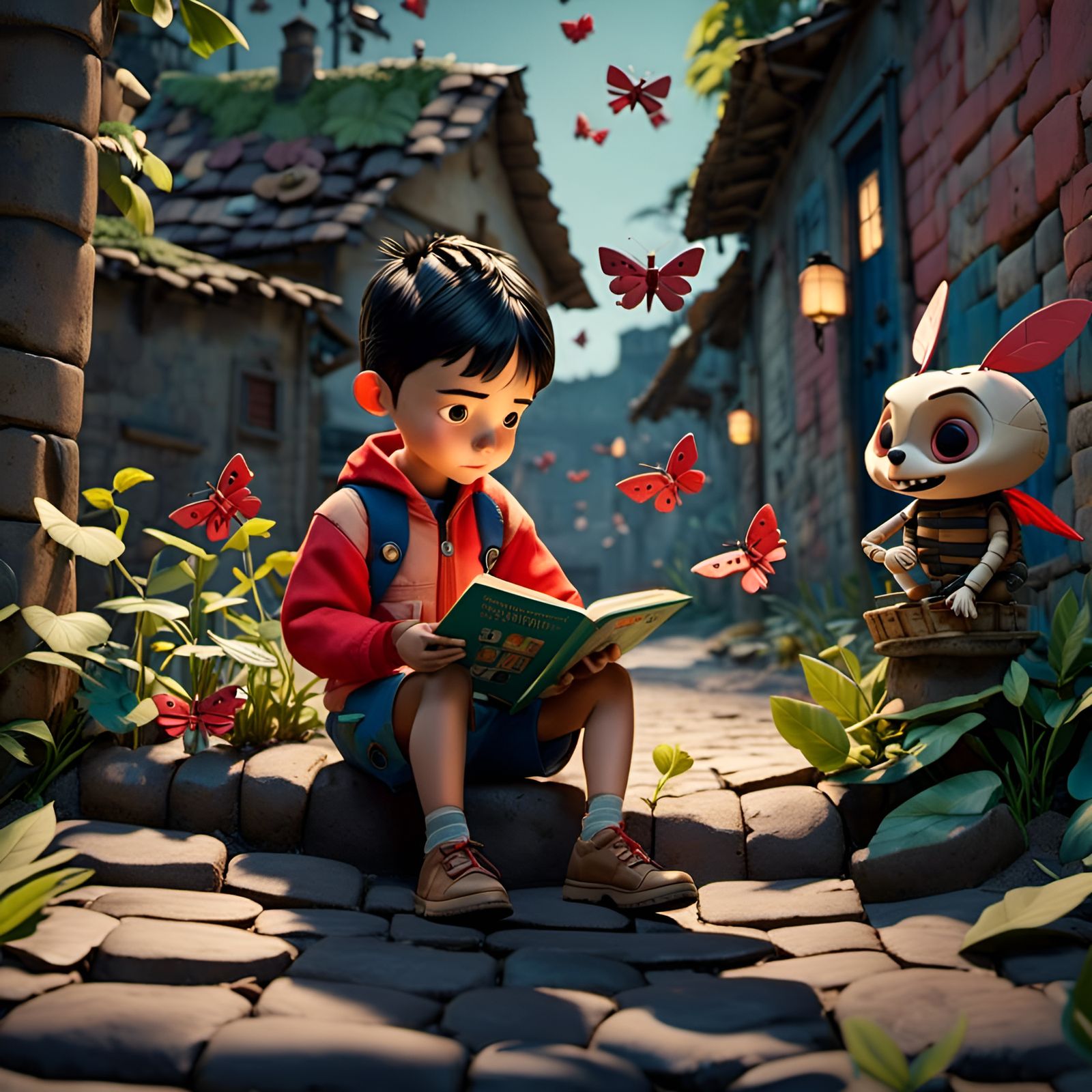  <lora:Dollify:1.0>A boy reading a book