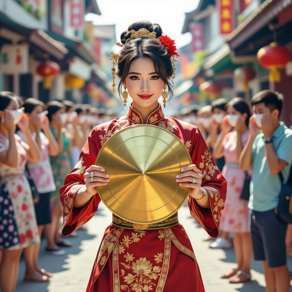 A Singaporean lady is holding in both hands the two sides of the golden cymbal which she is about to clang together. The bystanders are cove...