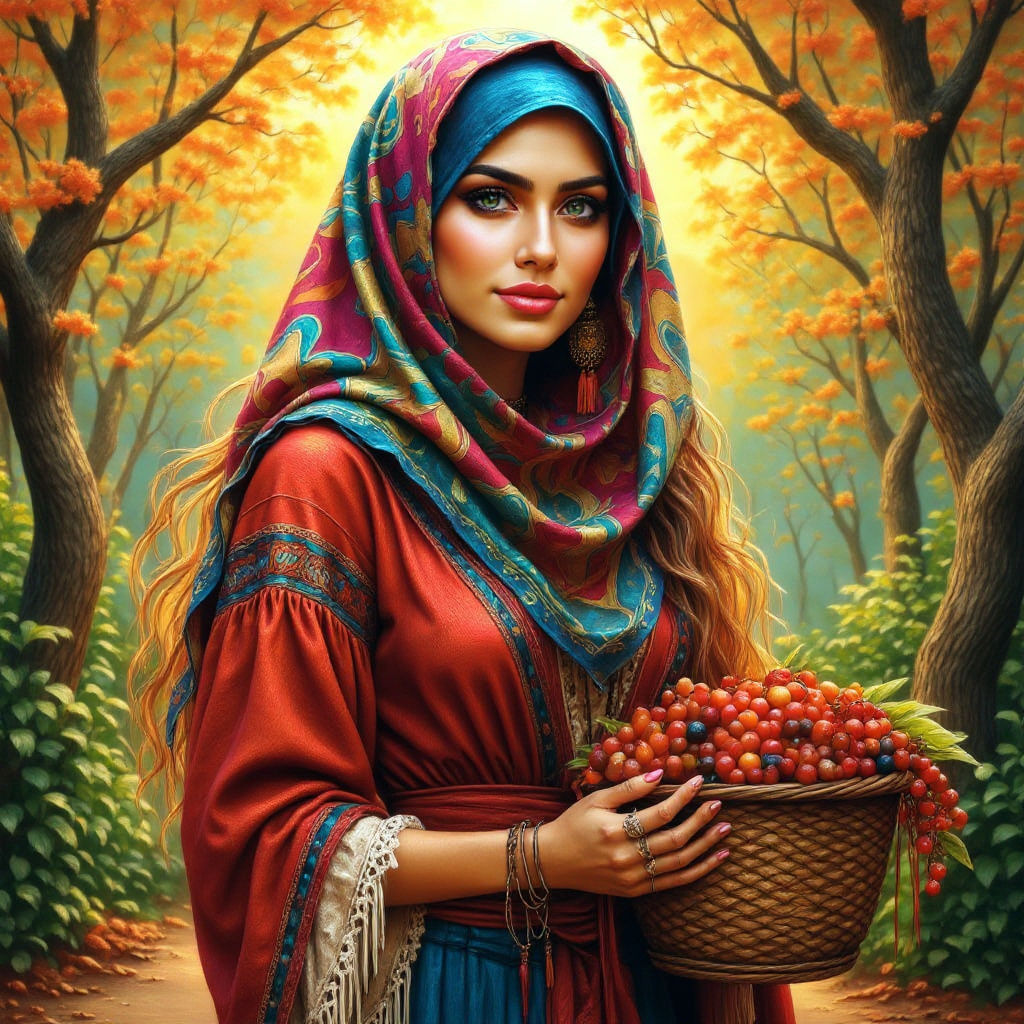 Beautiful gypsy woman with típicas outfit holding a basket with berries in an autumn forest. <lora:Beautiful women:1.0>