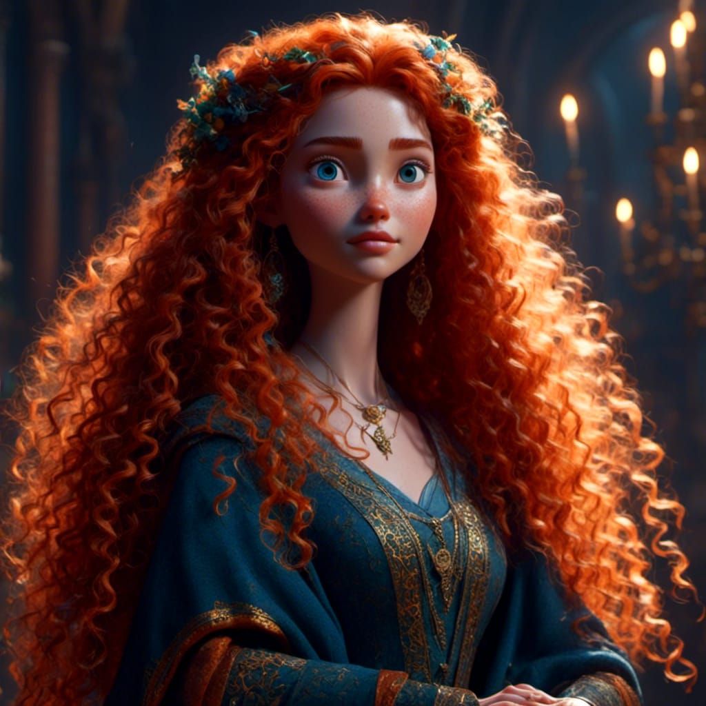 Disney Pixar inspired setting, Merida from Brave round face with an angry look frowning, messy long hair wearing a milkmaid Oktoberfest dres...