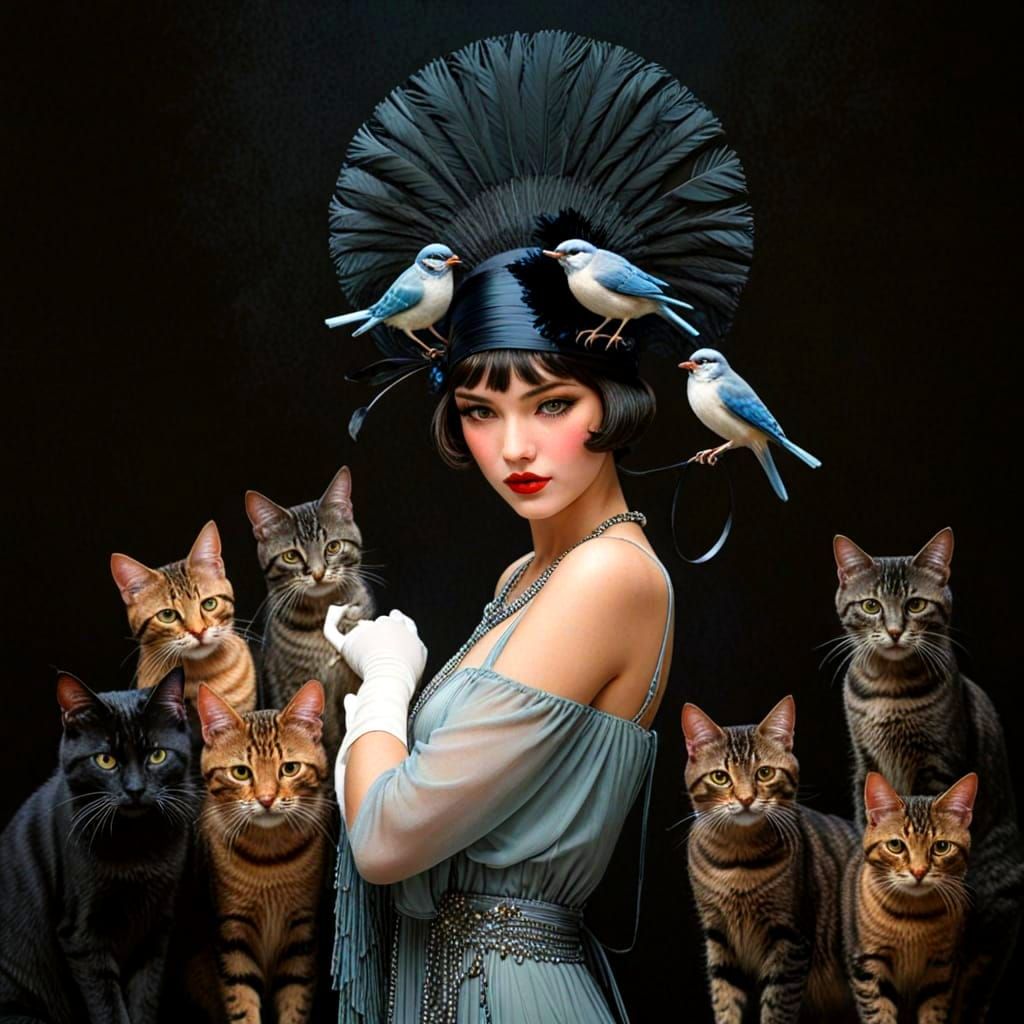 Vintage Goddess in Whimsical Flapper Attire with Feline and ...