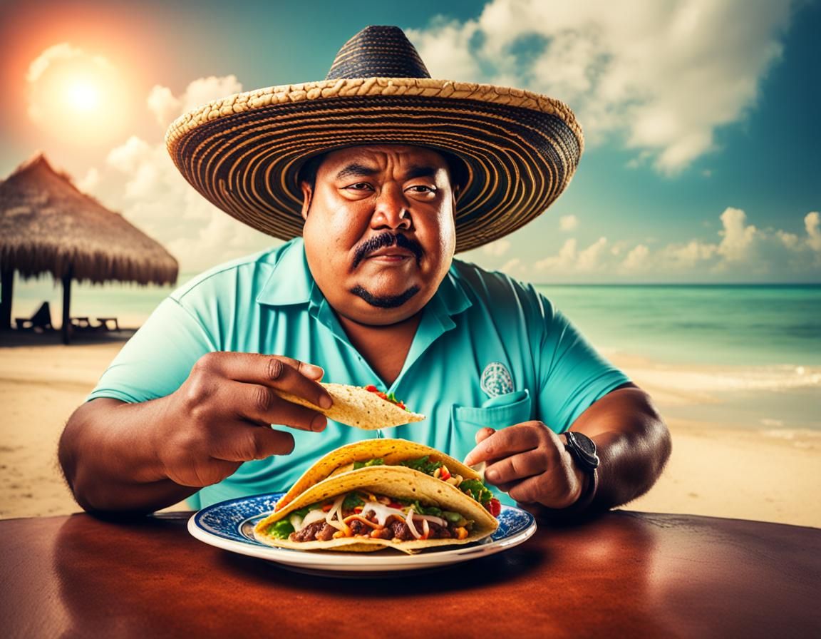 Big fat Mexican with sombrero is eating tacos on a Thai beac...
