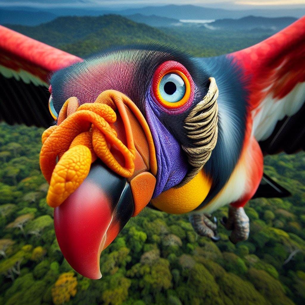 close up of a King Vulture in flight