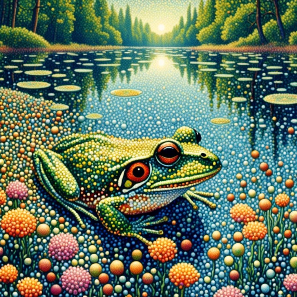 <lora:Pointillist Art:1.0> a frog in the forest lake,