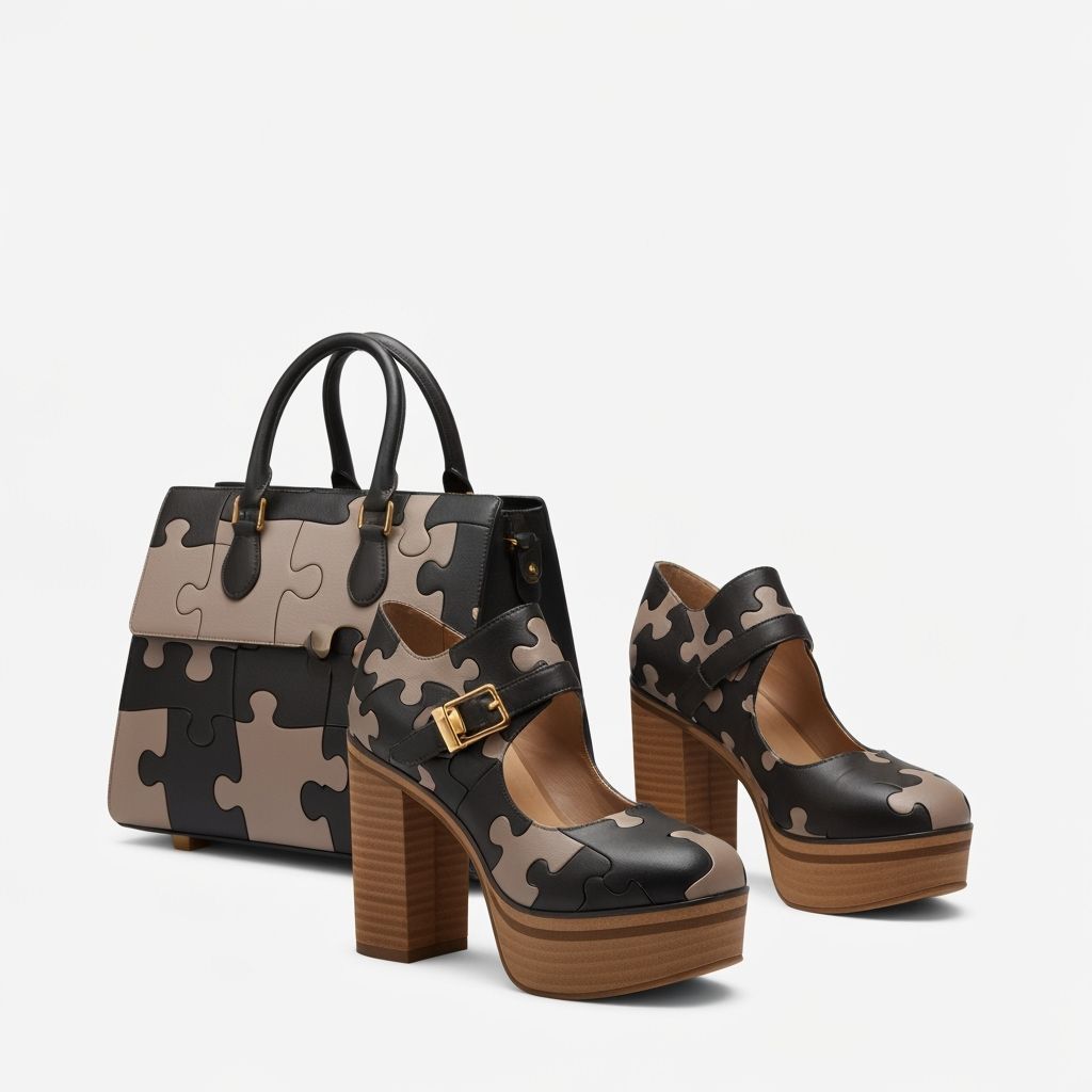 Women's matching handbag and platform shoes. Modern aesthetic with puzzle theme