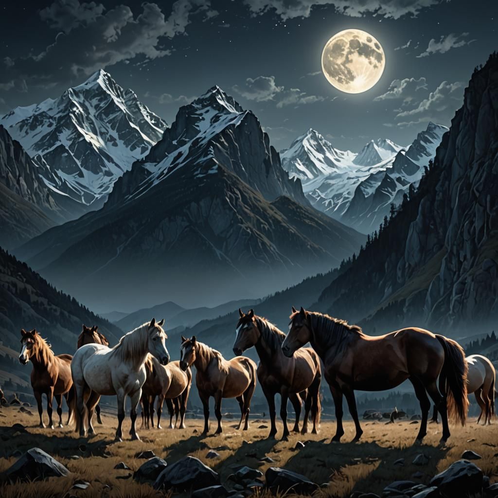 beautiful herd of horses grazing in the moon light, backgrou...