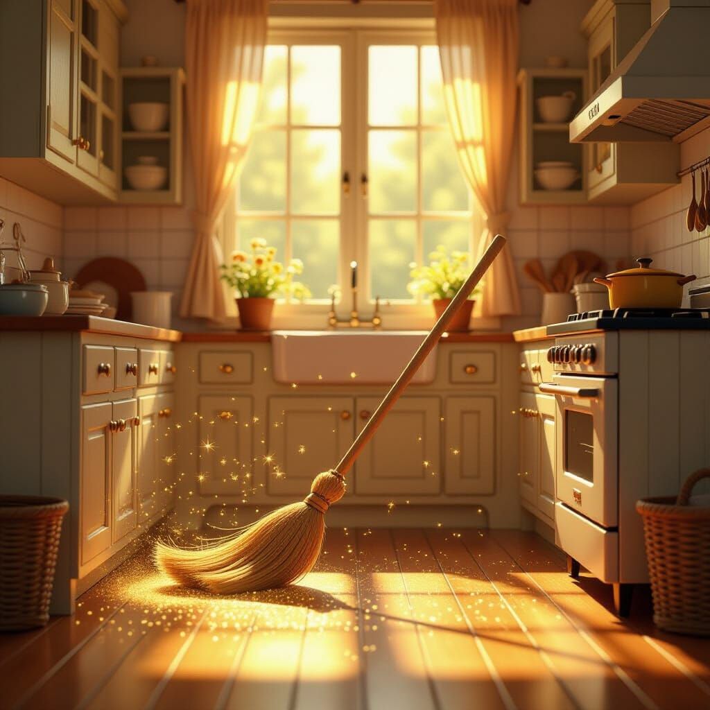 Magical Broom Sweeping Cozy Kitchen in Ghibli Style