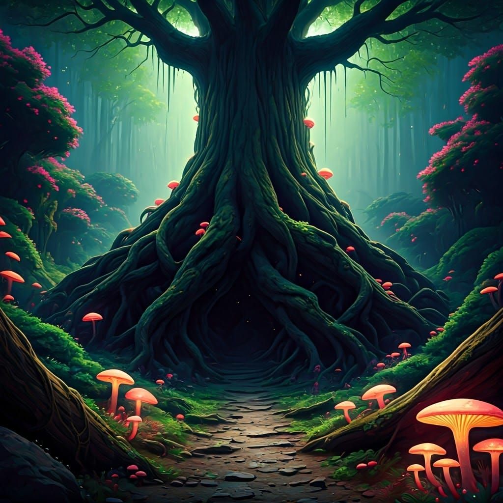 Mystical Forest Landscape with Ancient Tree in Fantasy Style