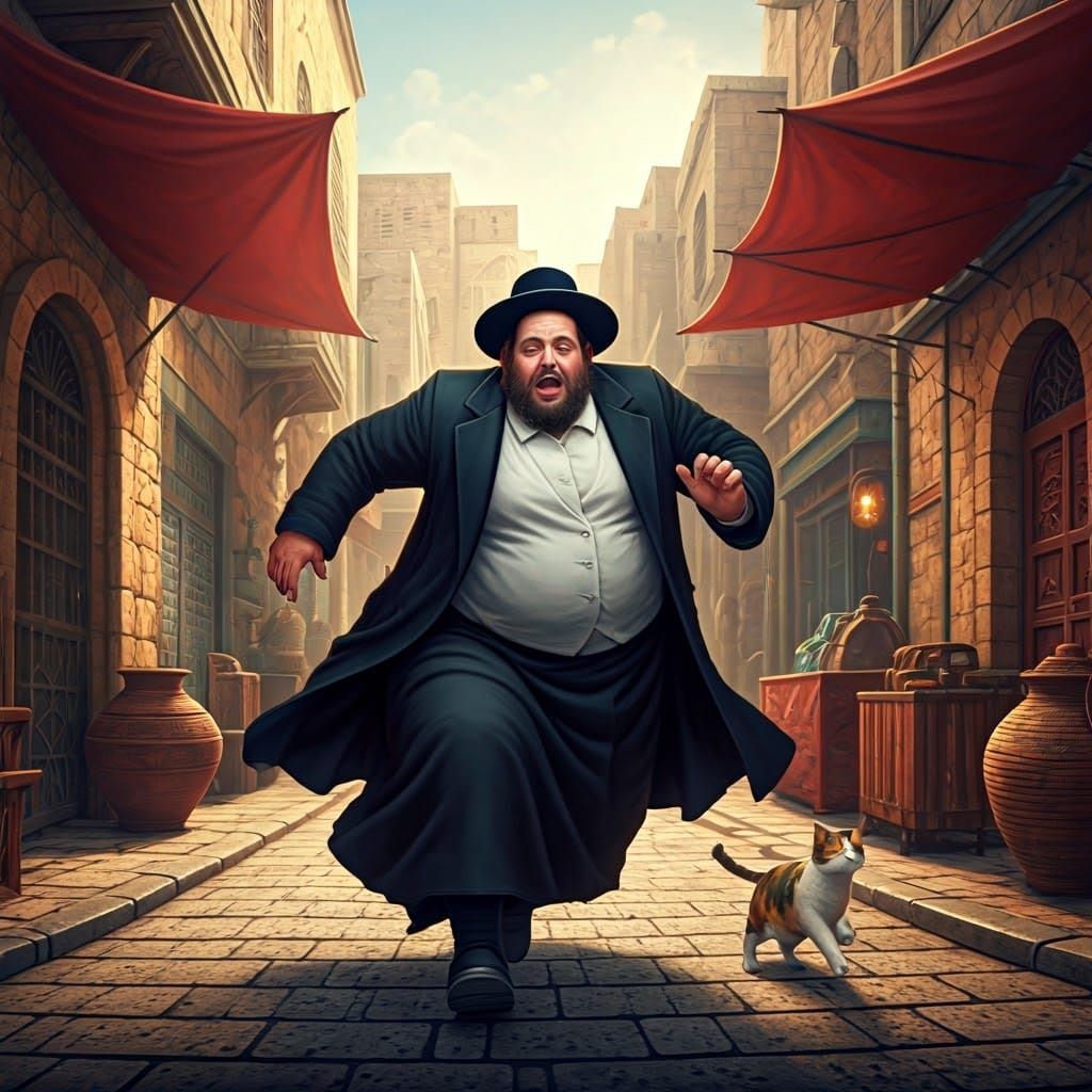 Orthodox Jew in Traditional Attire Chases Calico Cat Down Is...