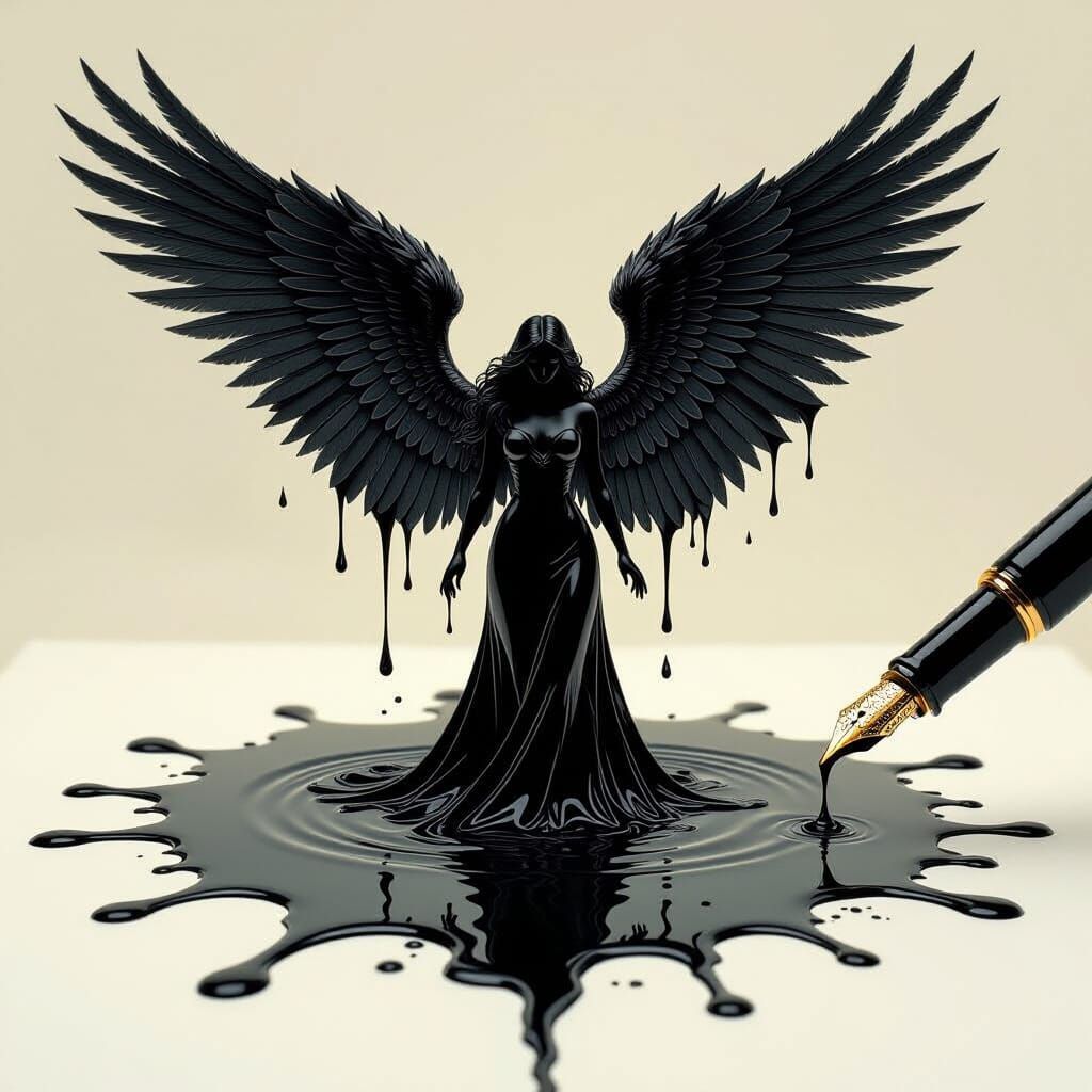On a sheet of paper, a fountain pen leaks black ink. From the spreading puddle rises a majestic angel made of liquid ink, with enormous feat...