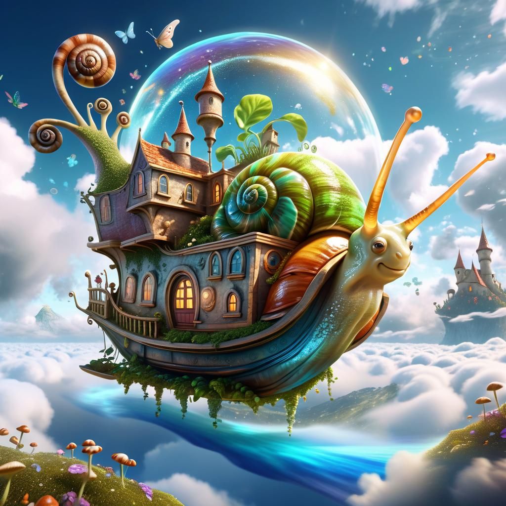 Fantastical Snail-Shaped Boat Floating on a River in the Clouds   by @Sarena D