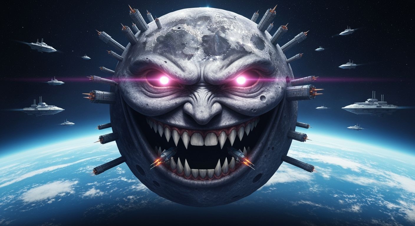 A gigantic moon carved into the face of a grinning villain, with glowing eyes and jagged teeth. Each tooth is a launch bay for rockets, eyes...