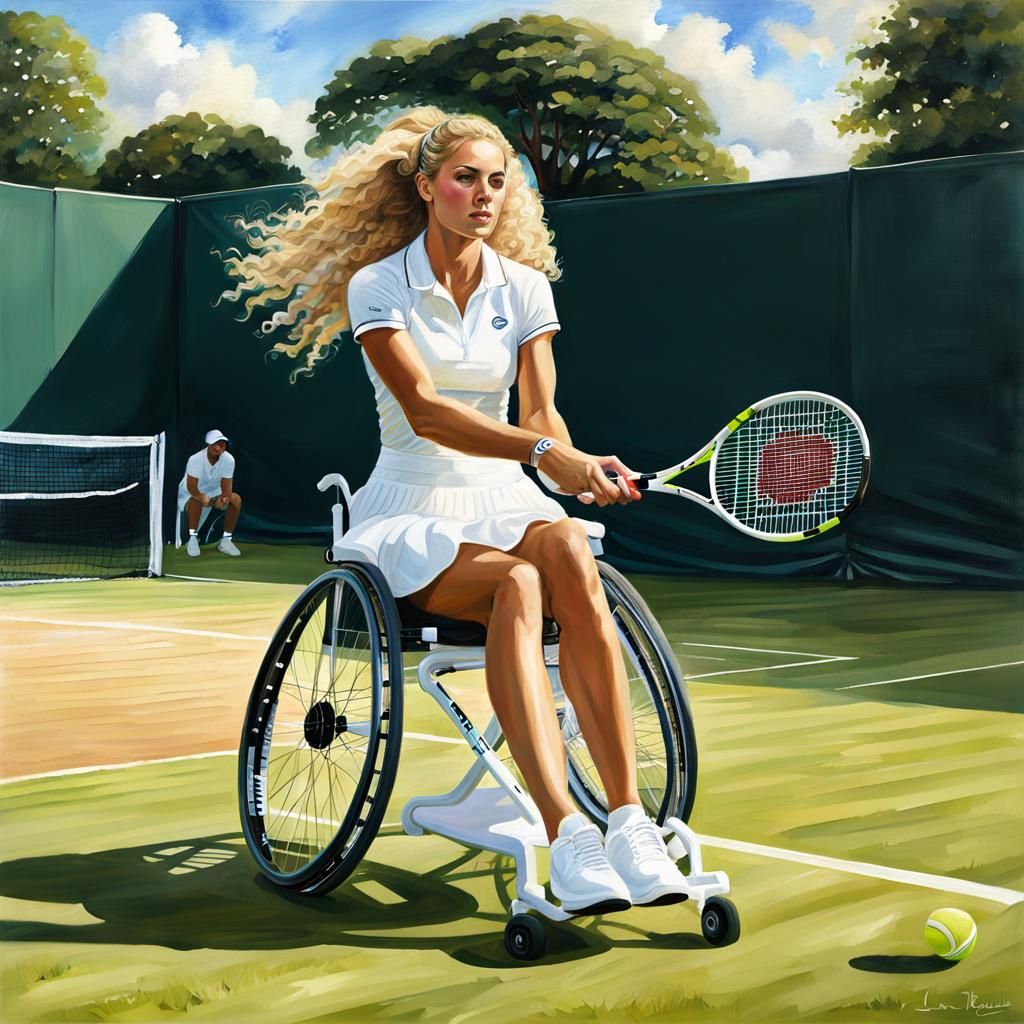 Oil painting of blonde women playing wheelchair tennis on grass court