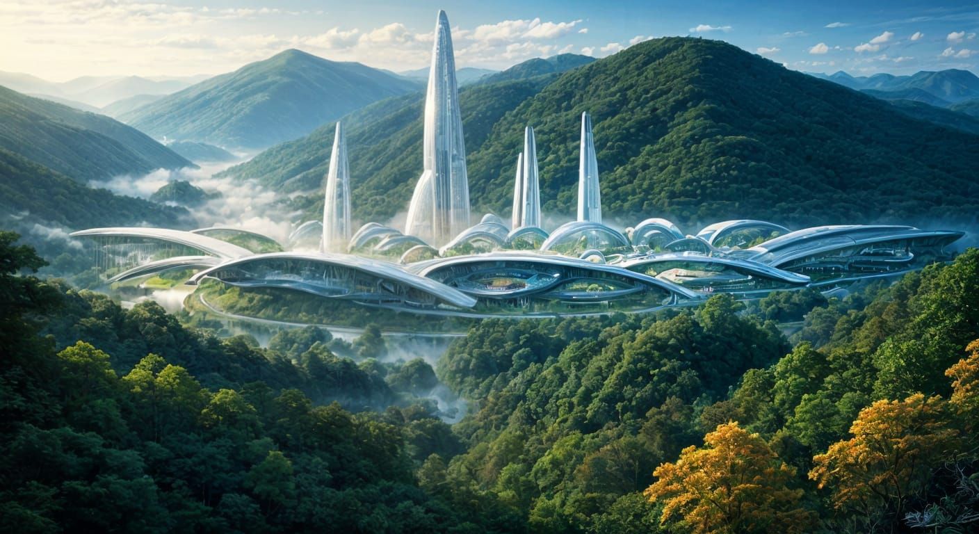 futuristic city built into mountainous terrain in an Eco-friendly manner  by @RJself