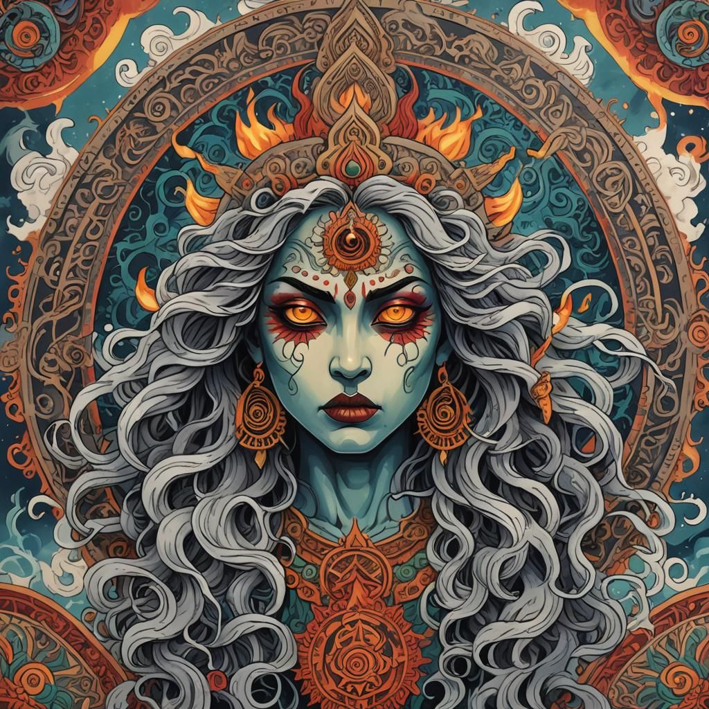 Angry face, Goddess Hindu of destruction, third eye, gangs, ...