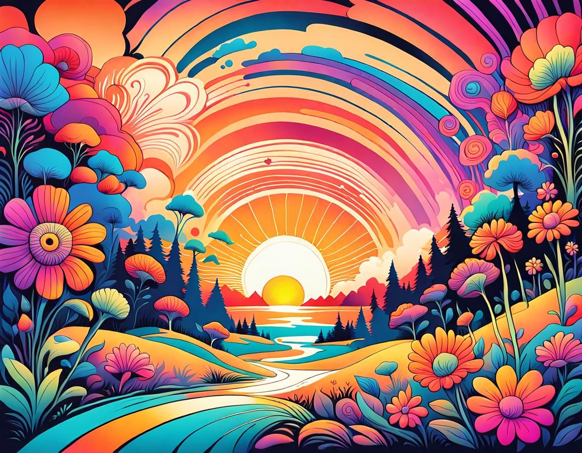 psychedelic floral sunset, storybook illustration  by @nafri