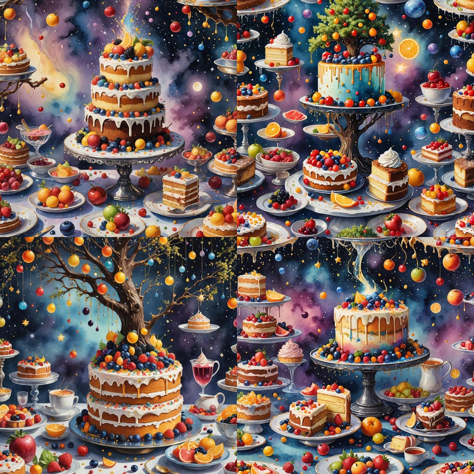 A photorealistic image of a floating cake made of stardust a...