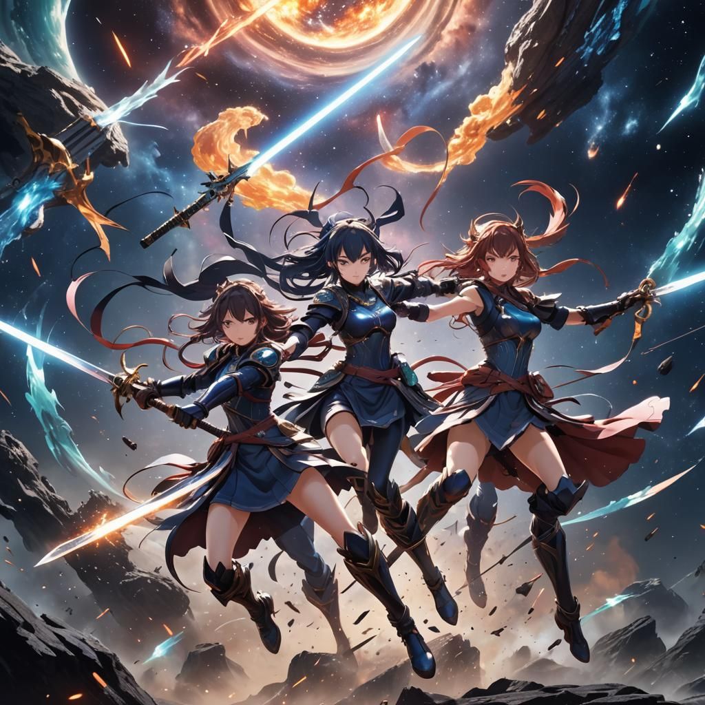 two anime girls having an epic battle with swords with cool designs in a  milky wave in space - AI Generated Artwork - NightCafe Creator