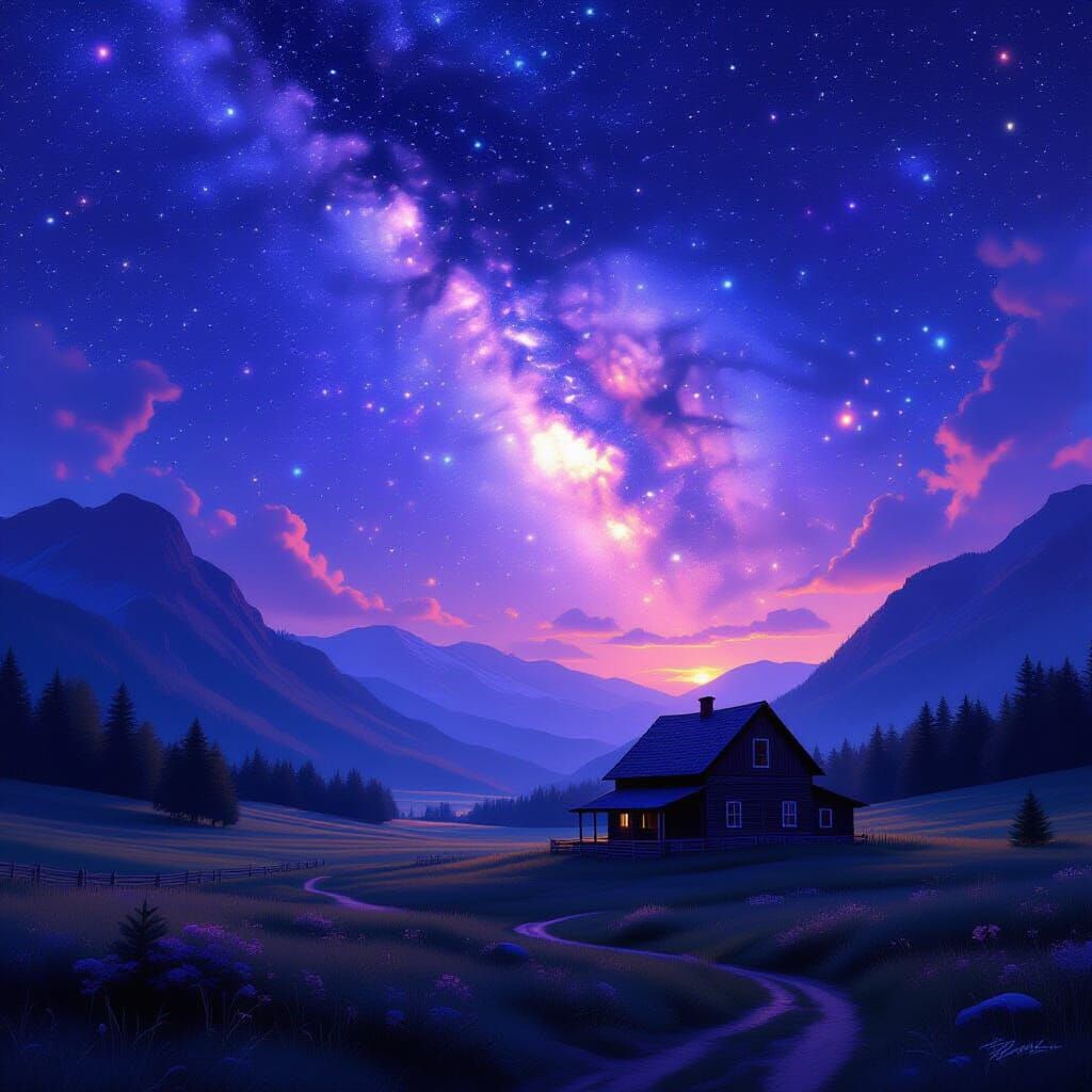 A lone farmhouse nestled in a valley under a swirling cosmic nebula.  by @Valkris