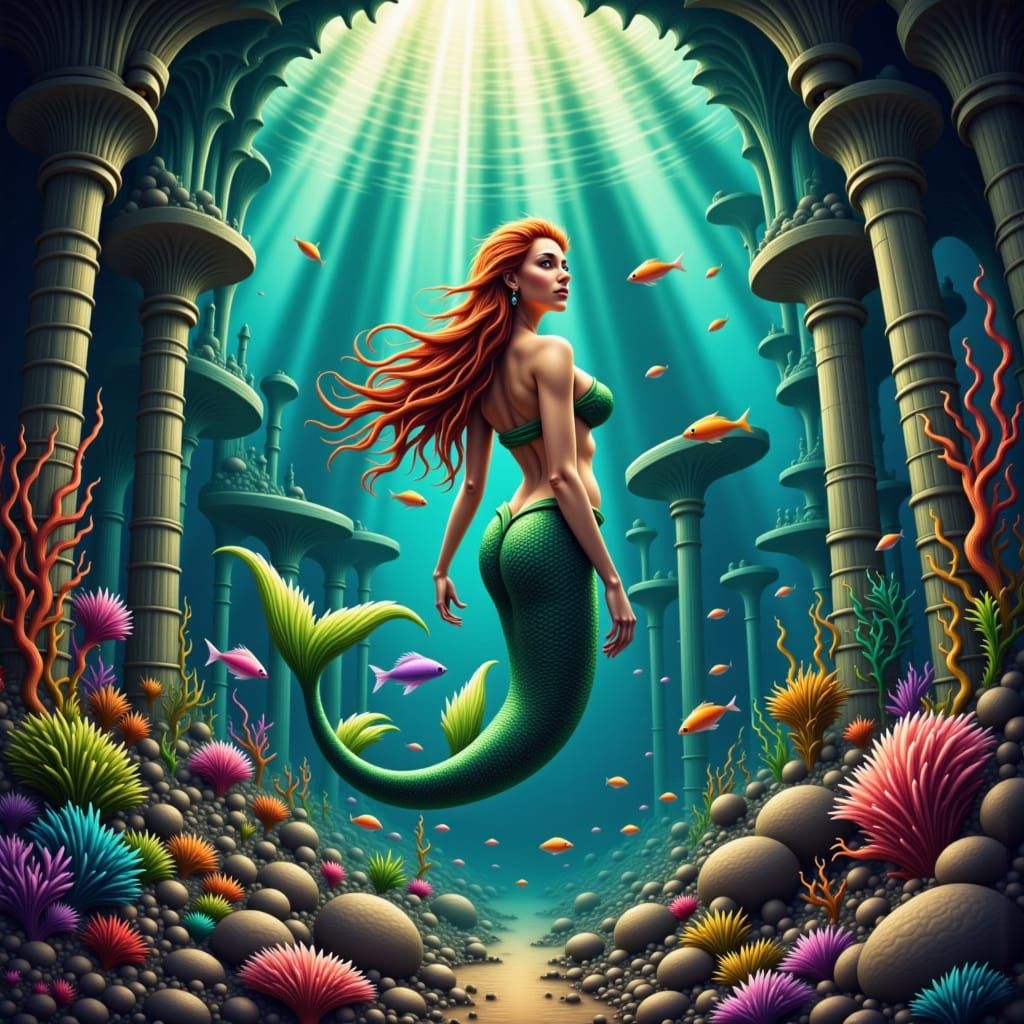 A regal mermaid with flowing auburn locks and a shimmering emerald tail glides through the grand, decaying ruins of underwater Atlantis, a s...