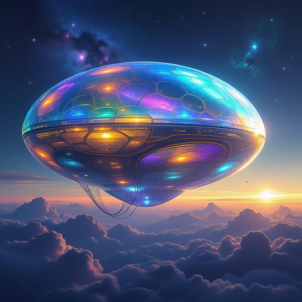 A massive, floating alien habitat with iridescent surfaces that reflect and refract sunlight and cosmic ...  by @QuantumCat