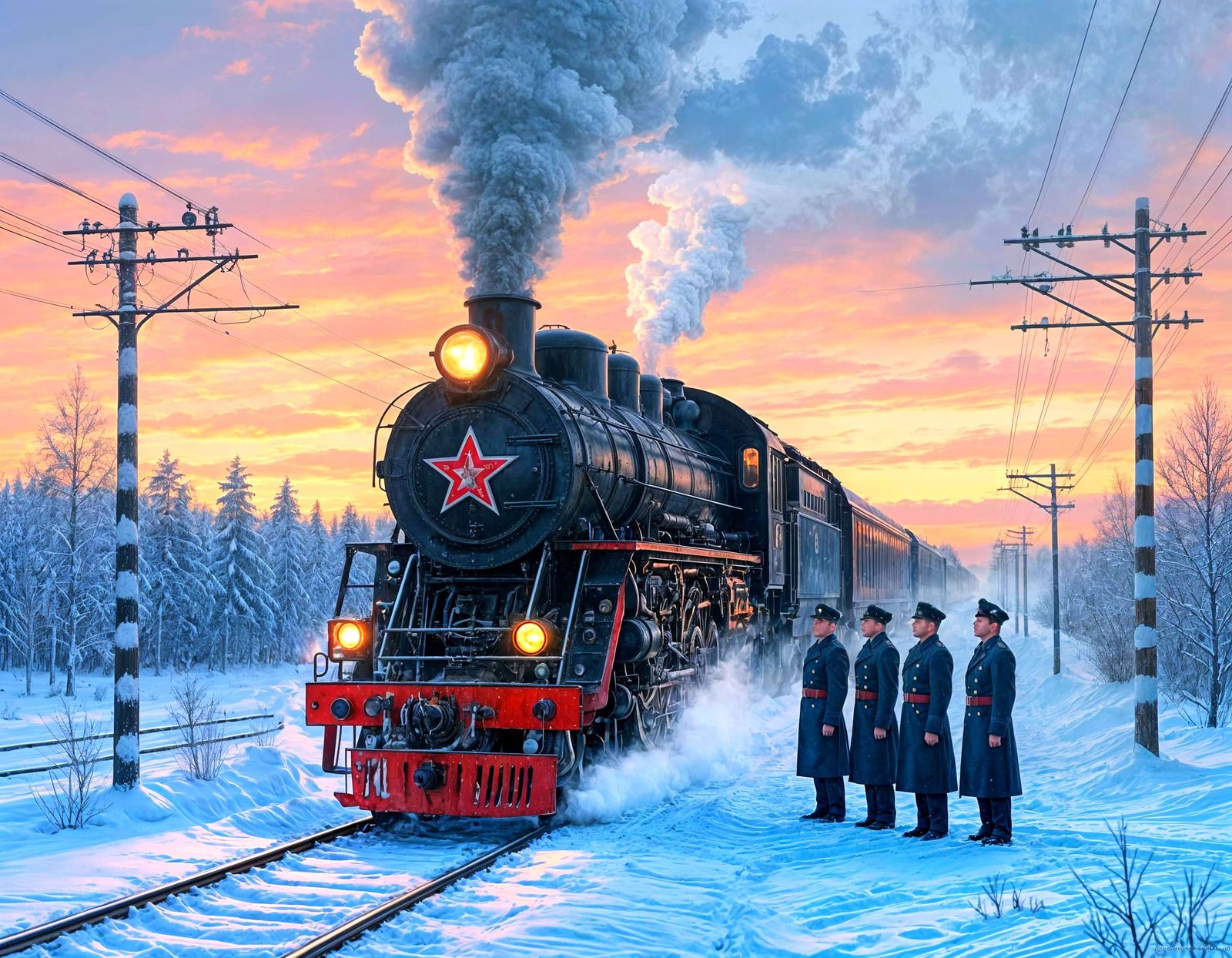 Vintage Steam Train in Snowy Russian Winter Landscape