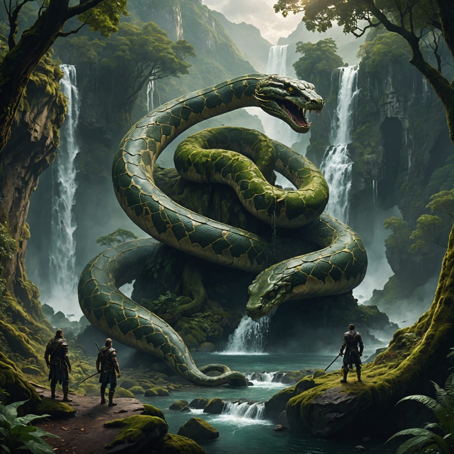 a giant snake looking down at warriors and they are all surr...