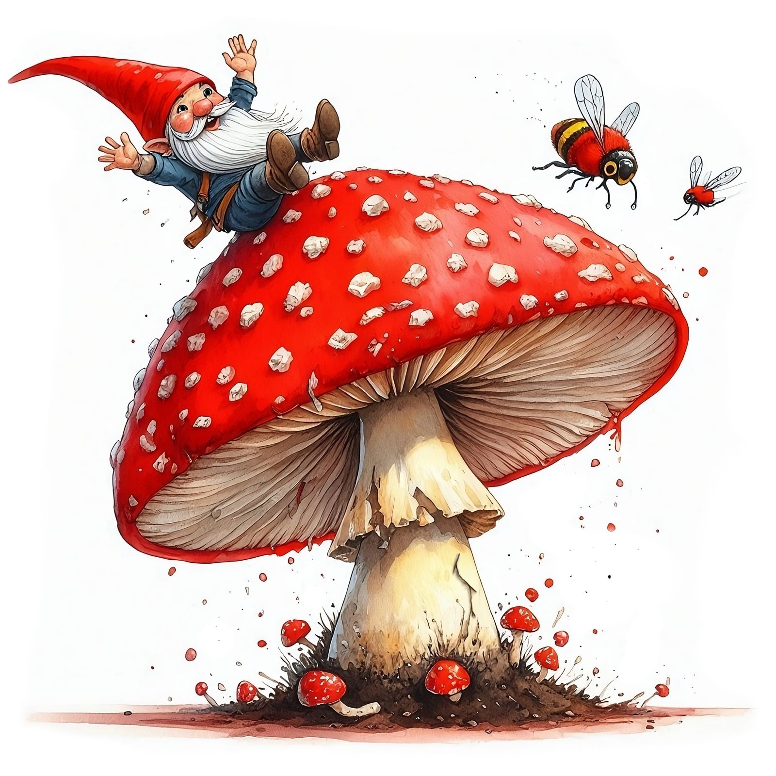 Gnome falling off a shroom; from the Dutch nursery rhyme "Kabouter Spillebeen" ๐