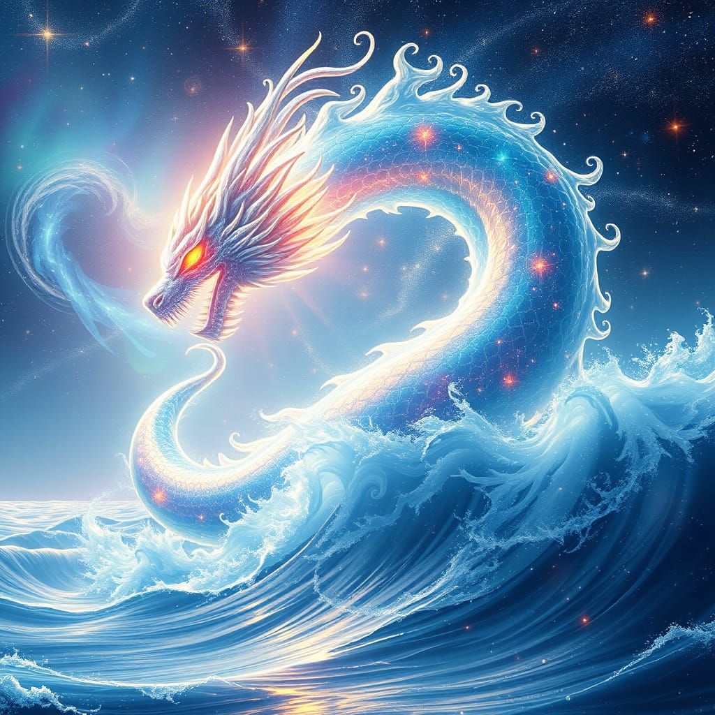 Ethereal Sea Dragon in Cosmic Ocean Landscape
