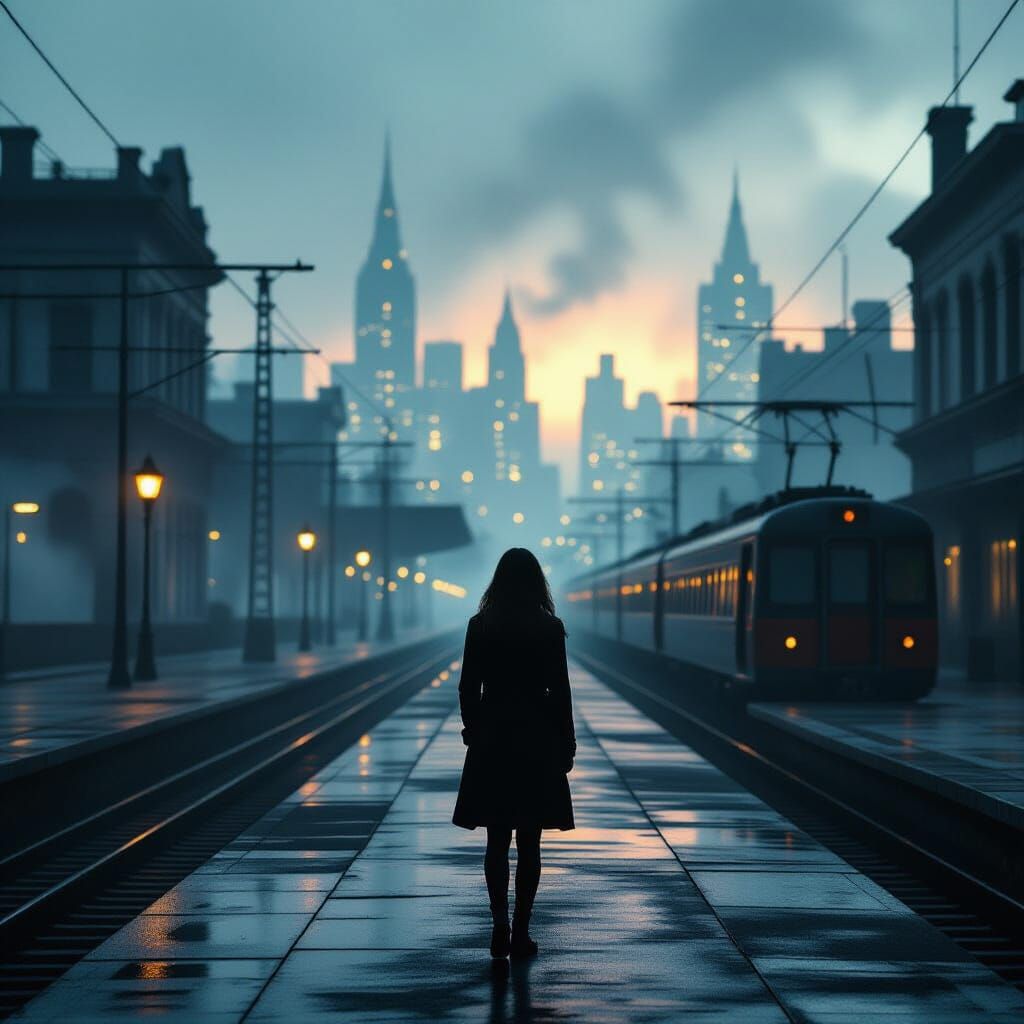 A lone woman stands on a deserted train platform, bathed in the eerie glow of distant, flickering firelight. The cityscape behind her is a h...