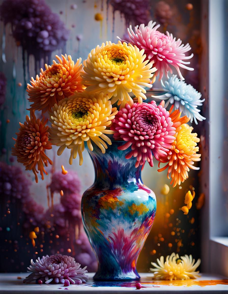 Twisted Spiral  flower vase, Chrysanthemums, Irrises, magnificent art still life. Marvellous details, ...  by @LoscoFiguro