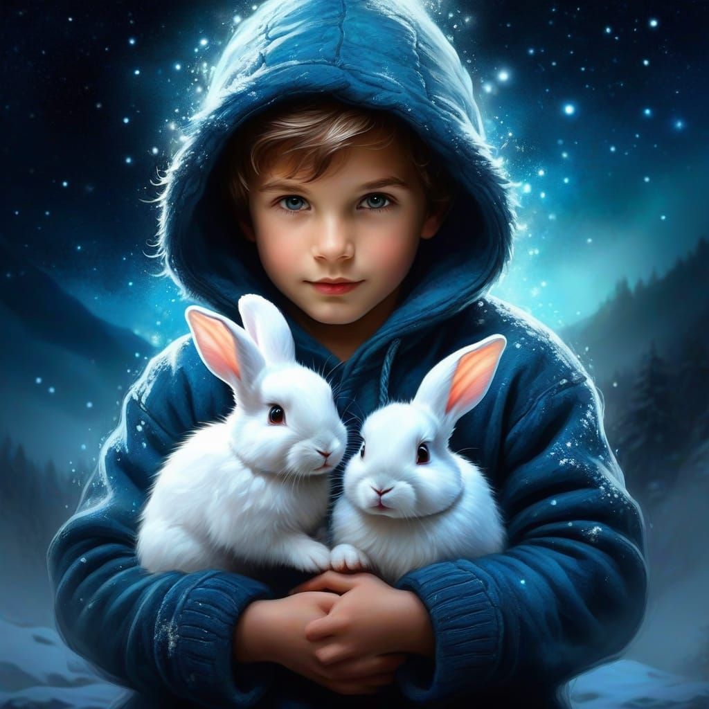 A young boy, wearing a fur hoodie, is cuddling cute white rabbits