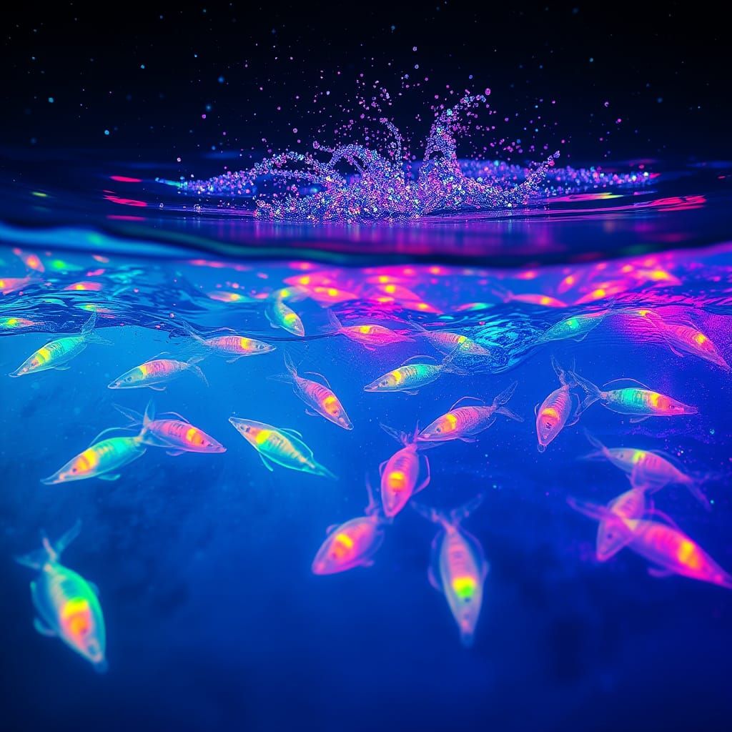 Glowing fluorescent ocean water at night rainbow glowing creatures swimming in the water. Sparkles rising ...  by @Vicvec