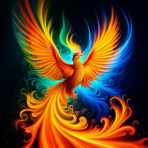 a majestic phoenix bird, blazing phoenix, highly detailed, legendary 4K 8K resolution mixed media resin cast quilling vo...