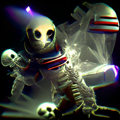 Scary skeleton astronaut in space volumetric lighting
