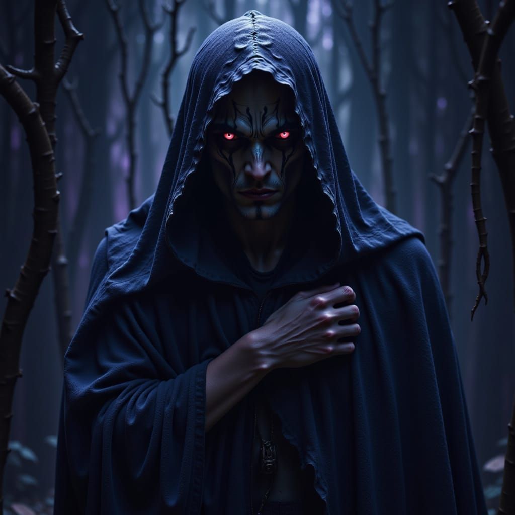 A mystical, hooded figure shrouded in priste darkness, surrounded by an aura of deep, rich shadows, with hints of indigo and purple, reminis...