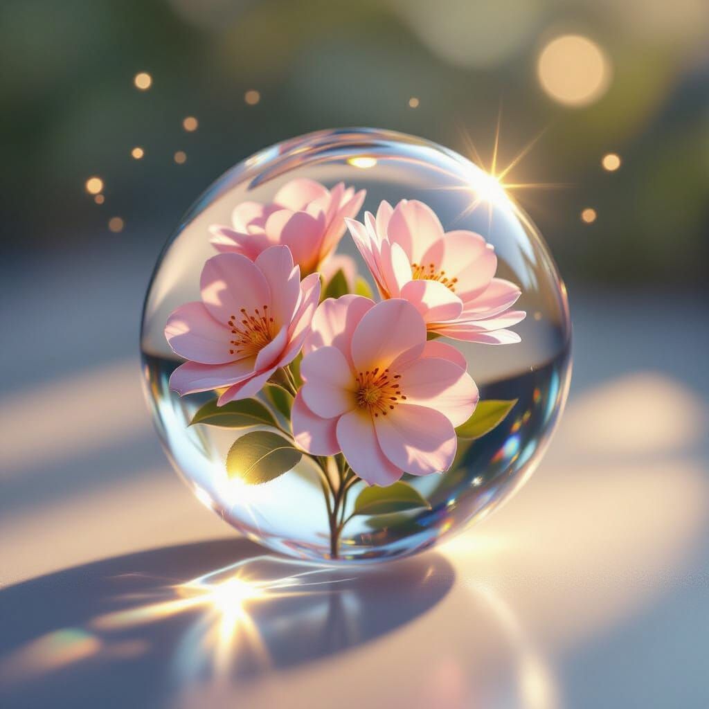 Glass Bead Encasing Blooming Flowers, Surrealist Style