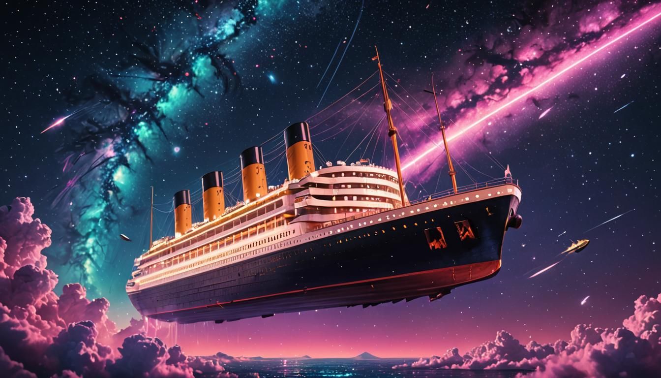 the r.m.s. titanic rendered as a space ship soaring to the stars flying ...