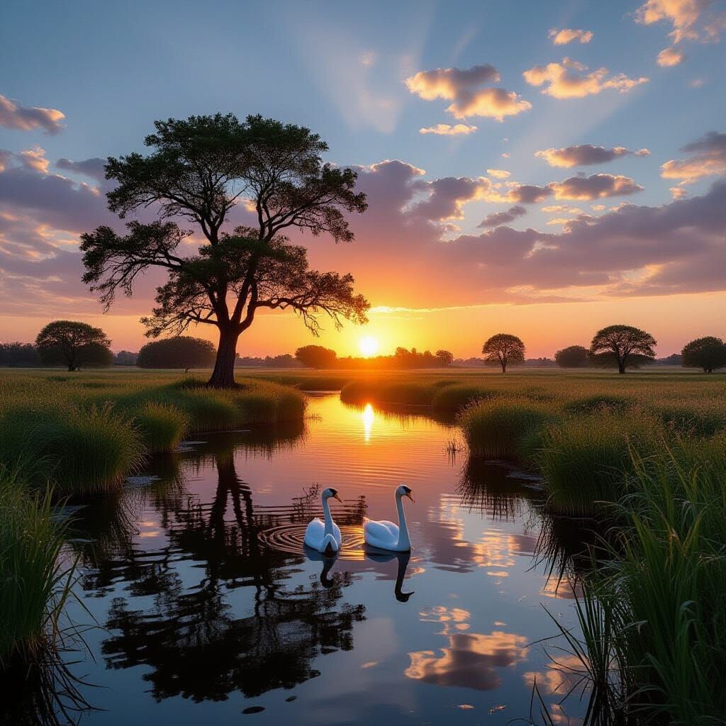 Sunset River Scene with Swans