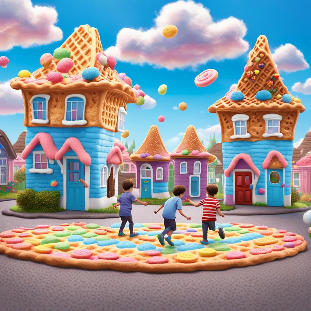 Whimsical Waffle Houses Under Vibrant Candy Road Skies