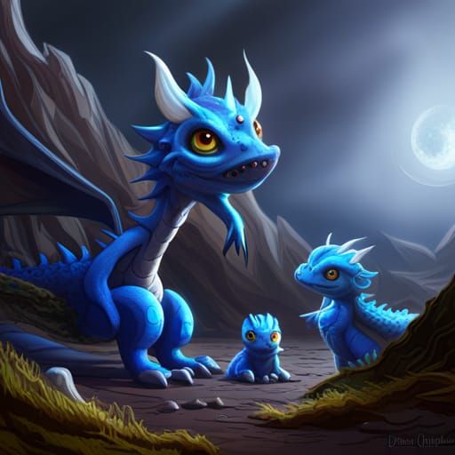 cute big eyed tiny blue dragon and its  babies