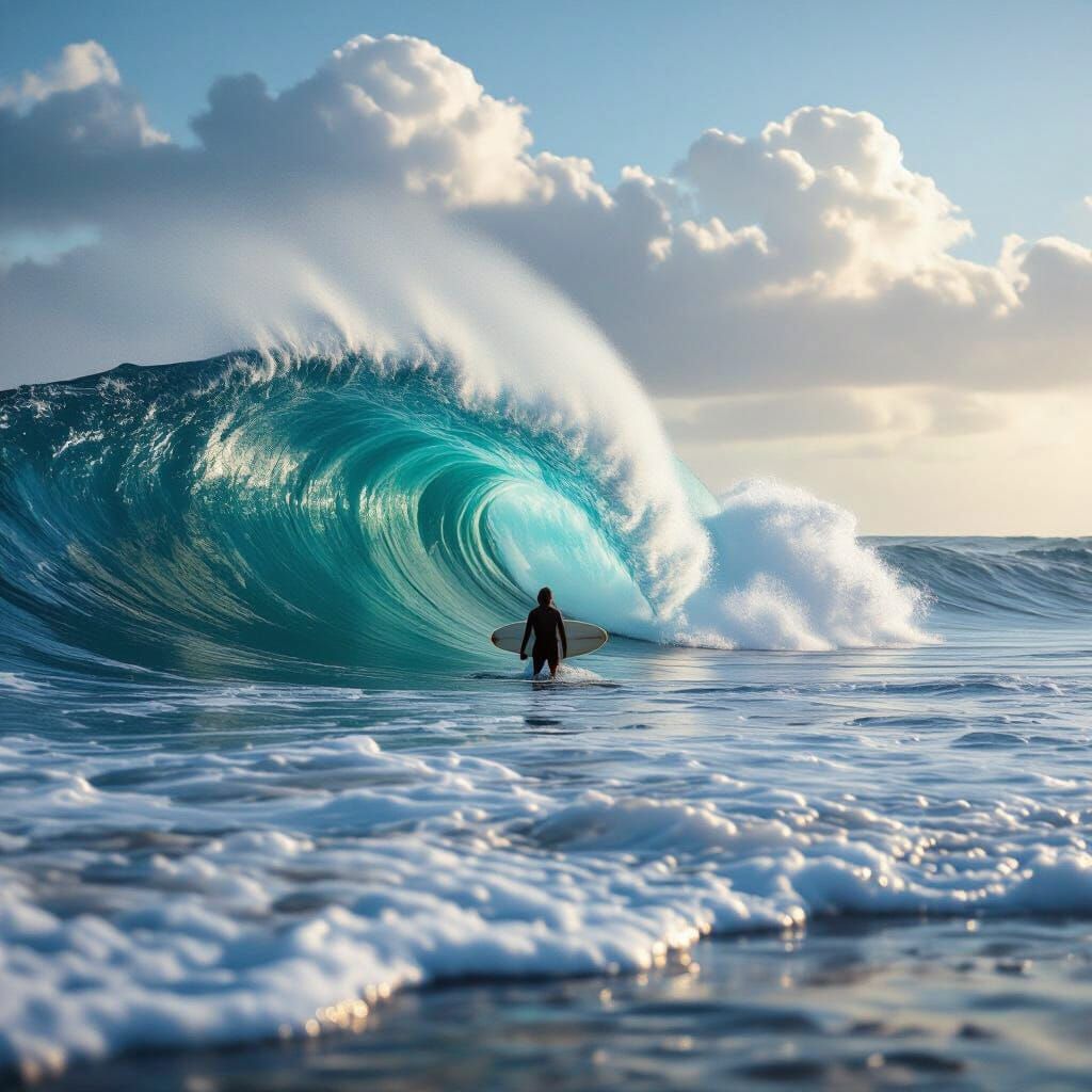Facing the ocean from shore, a large wave is approaching head on.