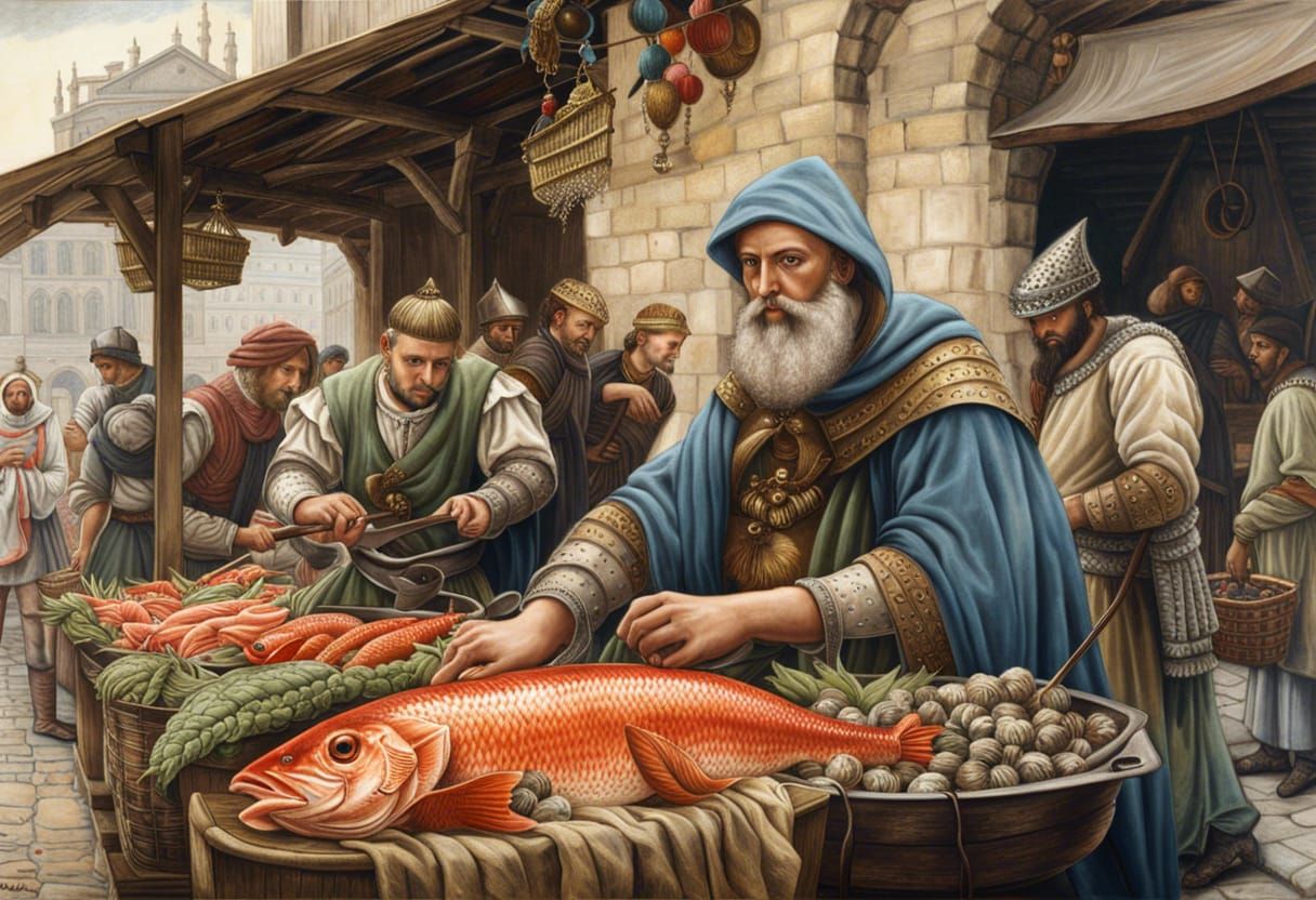 Medieval market fishmonger - AI Generated Artwork - NightCafe Creator