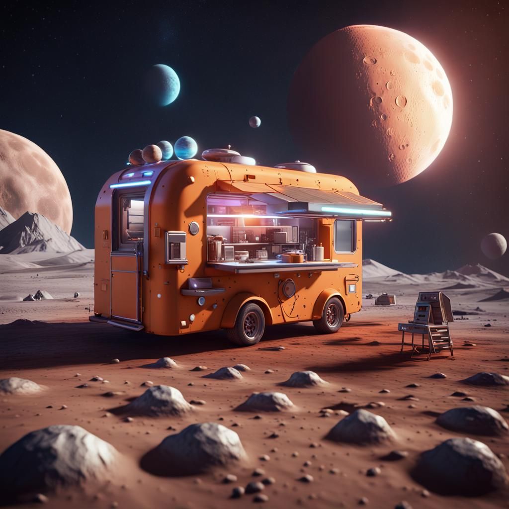 Photograph, Macro, Futuristic food truck on the moon surface...