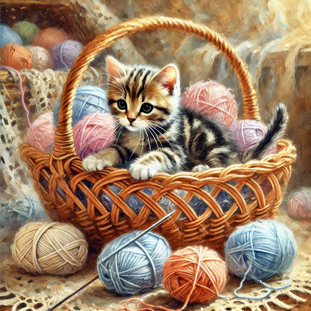 Kitten in Yarn Basket